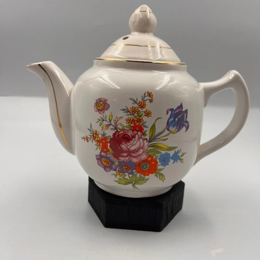 Vtg Porcelain Floral Teapot Gold Trim White Ceramic Tea Pot Multi-Color Flower